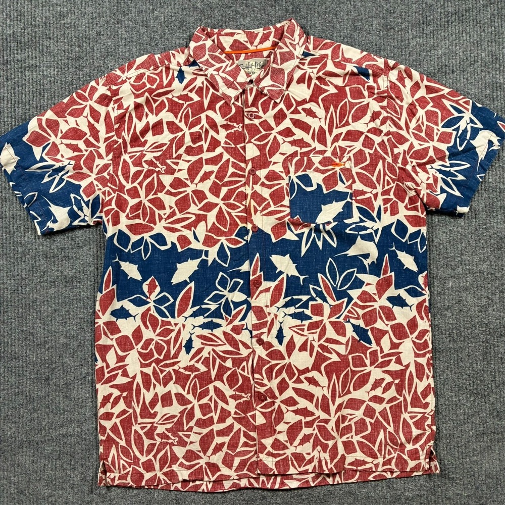 Salt Life Mens Hawaiian Shirt 2XL Red Blue Fish Floral Button Up Beach Aloha